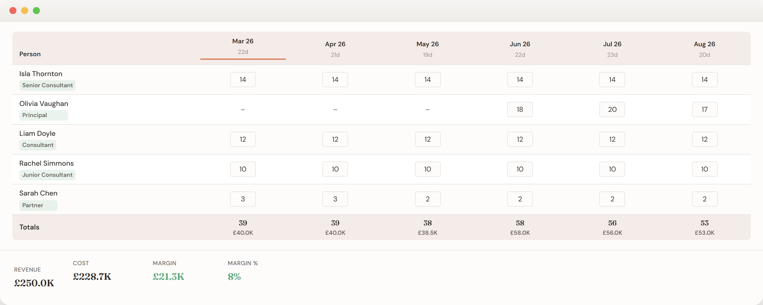 Portfolio view showing project budgets, margins and team allocation
